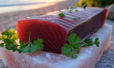 Smoking ahi tuna on a Himalayan salt block with coastal sides
