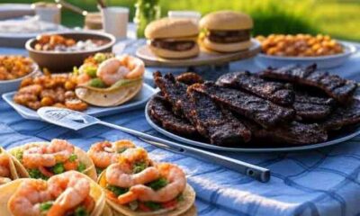 Father's Day BBQ feast featuring shrimp tacos, baked beans, ribs, and grilling tools on a picnic table