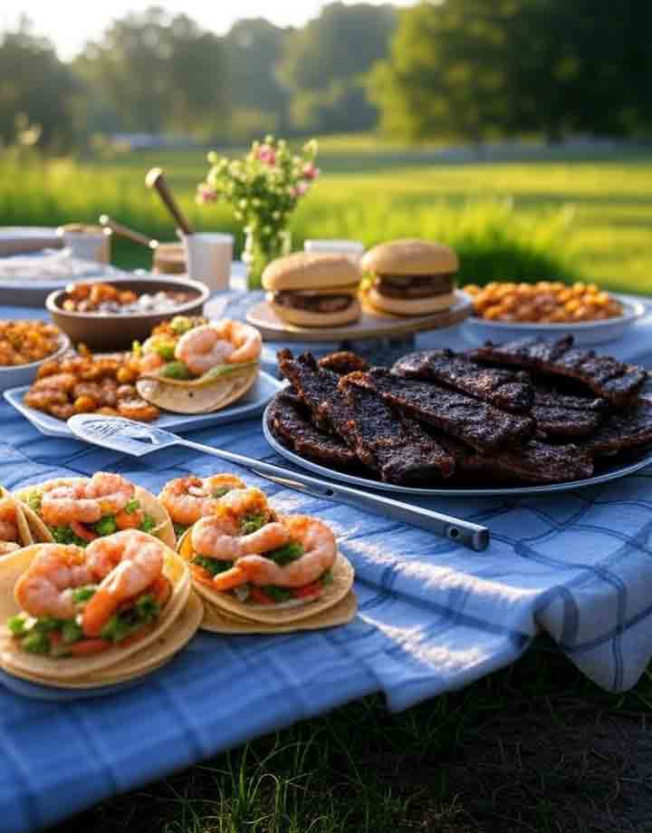 Father's Day BBQ feast featuring shrimp tacos, baked beans, ribs, and grilling tools on a picnic table