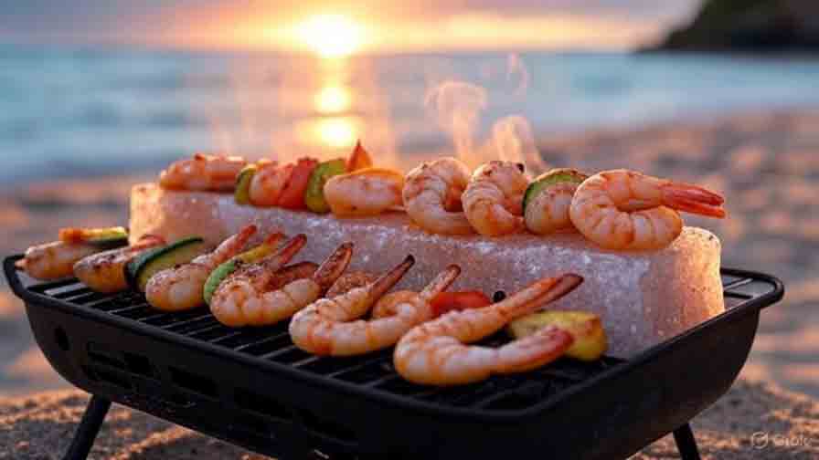 Grilling shrimp and vegetables on a Himalayan salt block at a beachside BBQ with sunset glow