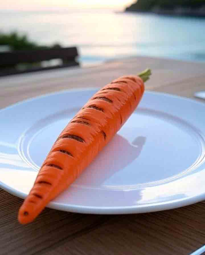 A single large grilled carrot with grill marks on a white plate, set on a wooden table near the ocean at sunset, featured on PopularBBQ.com