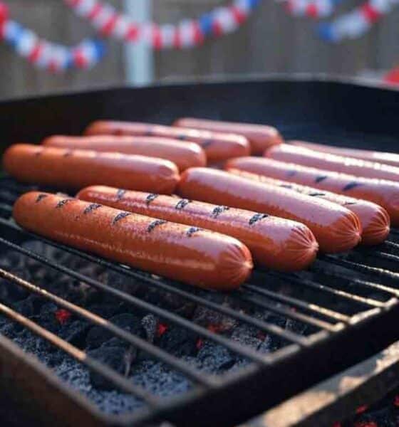 Hot dogs on a grill with red, white, and blue 4th of July decorations