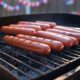 Hot dogs on a grill with red, white, and blue 4th of July decorations