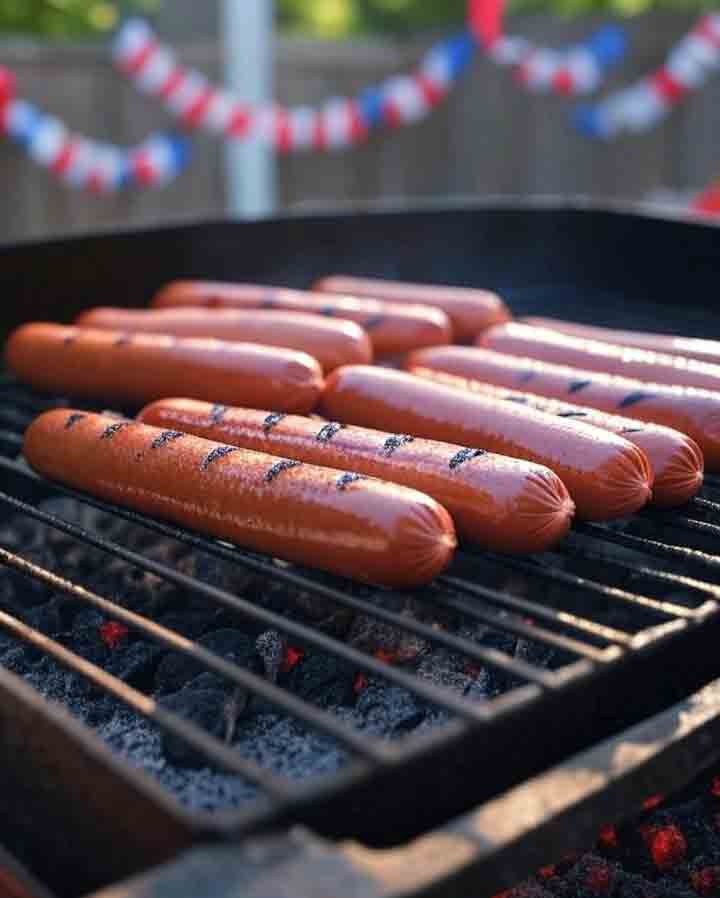 Hot dogs on a grill with red, white, and blue 4th of July decorations