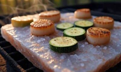 Grilling on Himalayan salt block with scallops and zucchini.