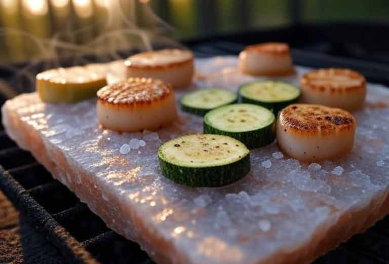 Grilling on Himalayan salt block with scallops and zucchini.
