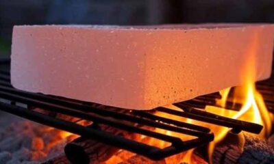 Heating a Himalayan Salt Block on a grill above flames.