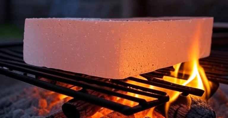 Heating a Himalayan Salt Block on a grill above flames.