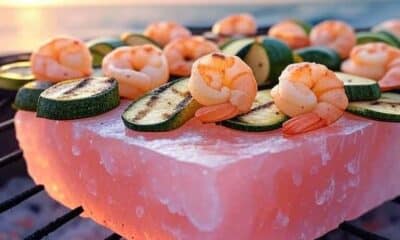 Himalayan salt block foods like shrimp and zucchini grilling.