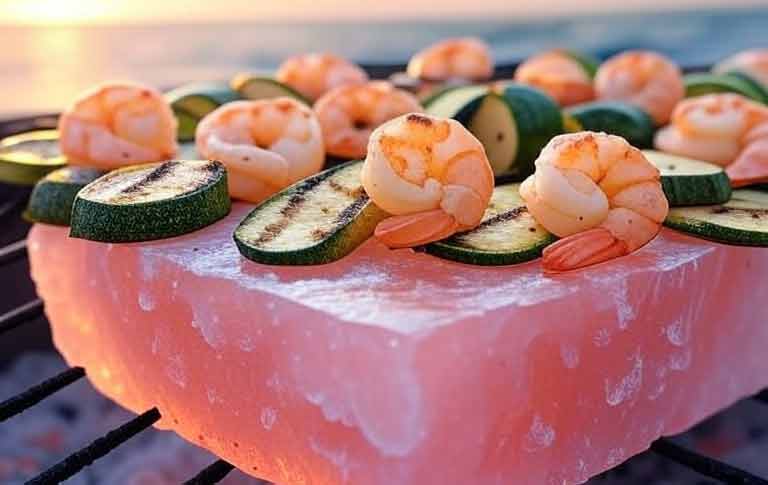 Himalayan salt block foods like shrimp and zucchini grilling.