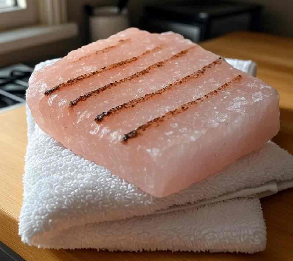 Himalayan salt block storage on clean cotton towel