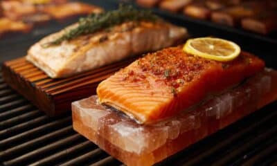 Himalayan salt plank BBQ and cedar plank on grill at beach sunset