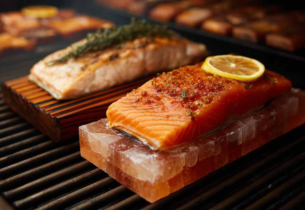 Himalayan salt plank BBQ and cedar plank on grill at beach sunset