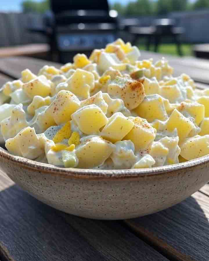 BBQ side dish recipes: Creamy potato salad with Yukon golds, mayo, mustard, pickles, and eggs, featuring Memphis and Texas styles, served chilled