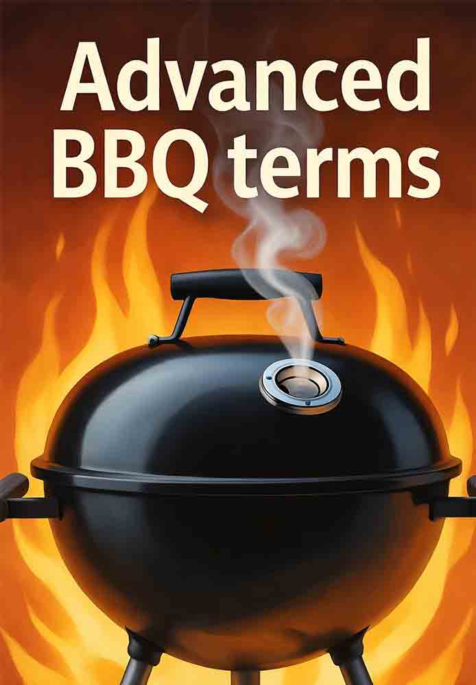 Advanced BBQ terms header image: Smoky kettle grill on fiery background, evoking expert grilling techniques