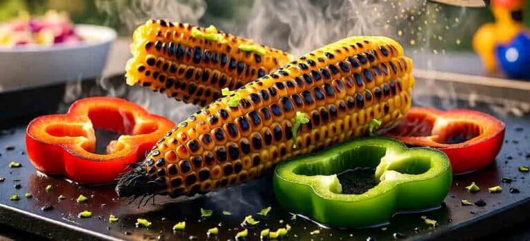 Hero of charred corn and veggies tossed in bbq seasoning on hot griddle, showcasing quick 500°F sear for smoky-sweet 10-min sides