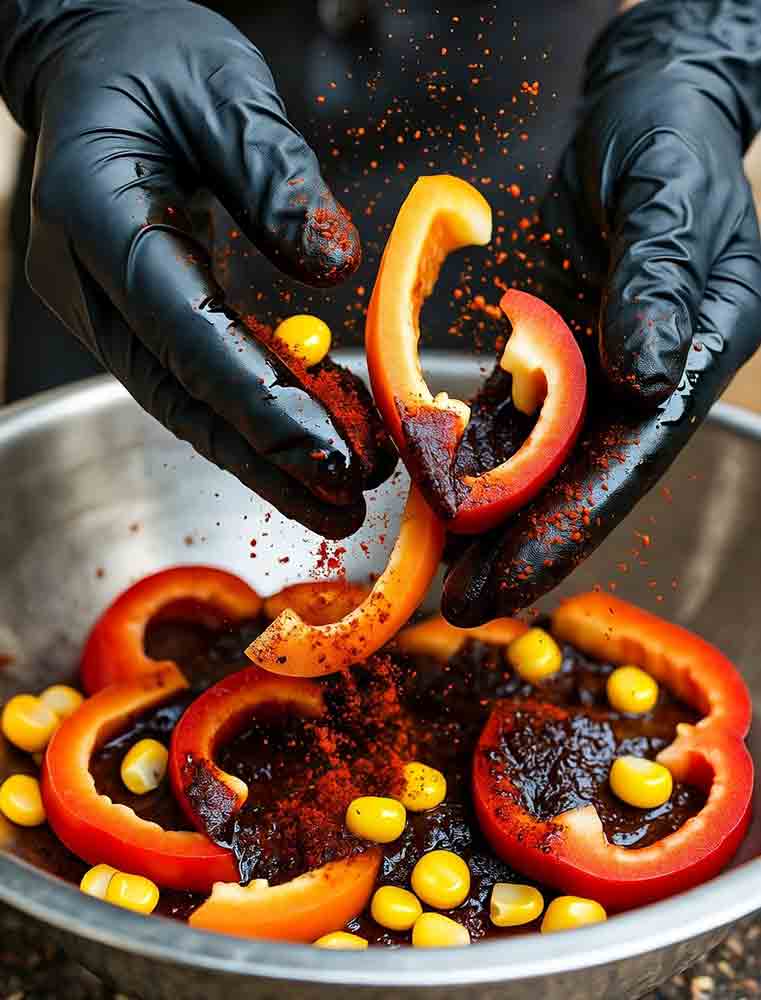 Hands tossing veggies in bbq seasoning rub for griddle sides, oil bind ensuring stick for chili-cumin char in 4 mins per side