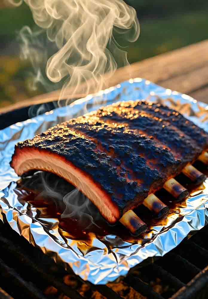 Foil-wrapped ribs in best bbq 3-2-1 method on smoker for tender, bark-crusted Kansas City style