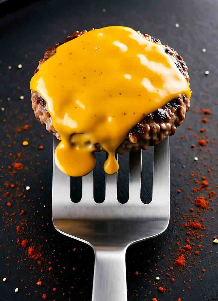 Spatula flipping smash burger with best bbq rubs crust on hot griddle, capturing Maillard crisp in 2 mins for juicy patty perfection