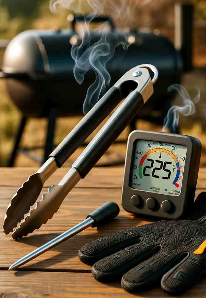Essential best bbq tools array: stainless tongs, digital thermometer at 225°F, and heat-resistant gloves on wooden table for precise, safe smoking and grilling