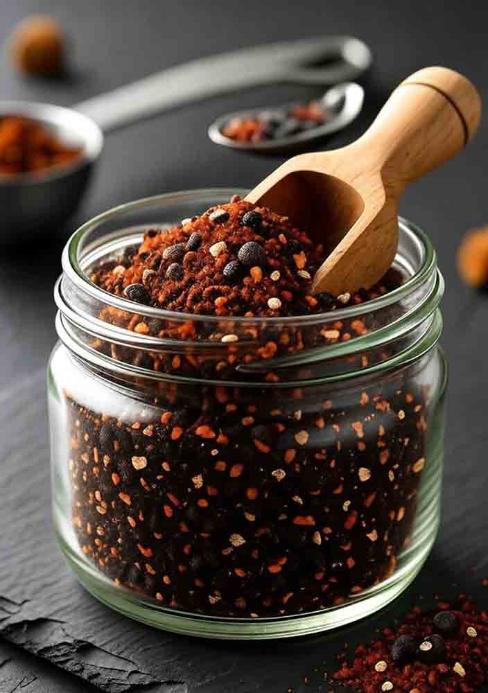 best-brisket-rub-coffee-chili-mix-jar-dark-grounds - Popular BBQ Jar of dark best brisket rub mix with coffee grounds and ancho chili for bitter-heat balance and bark-building antioxidants