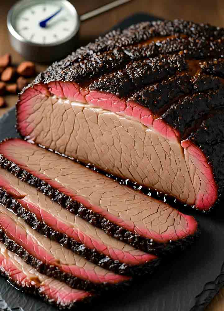 Mahogany bark on smoked brisket slice from dry rub application, showcasing crispy crust and pink smoke ring for science-backed tenderness