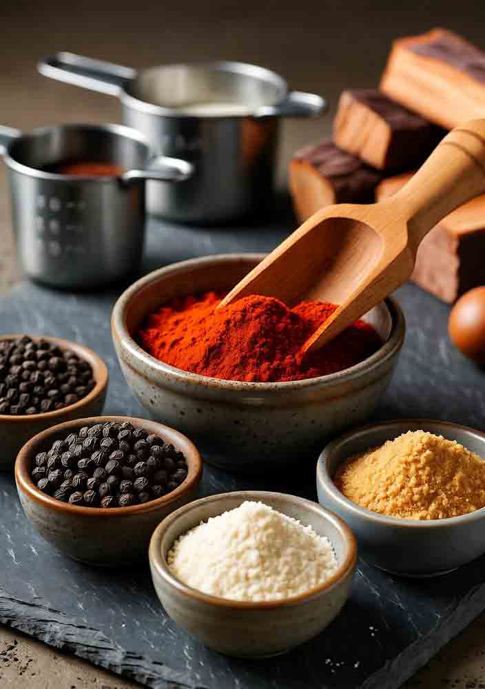 Bowls of brisket dry rub ingredients like smoked paprika, coarse pepper, and garlic powder mixed for savory, antioxidant-rich seasoning blend