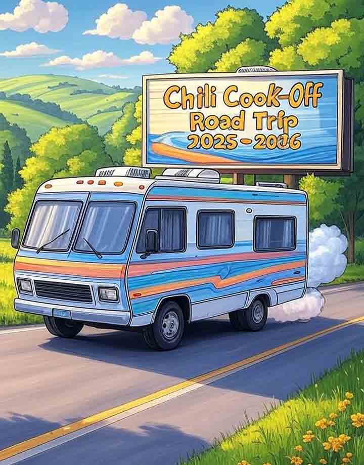 80s-style cartoon of a colorful RV emitting a fart cloud from its tailpipe while driving past a billboard advertising the "Chili Cook-Off Road Trip 2025-2026" on a sunny highway with mountains and trees