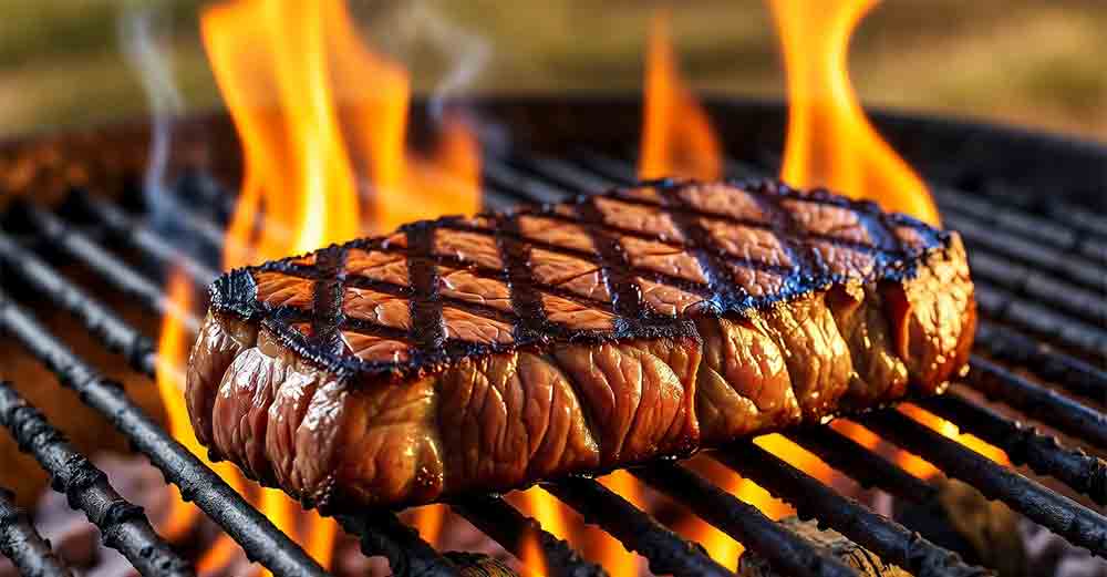 Direct heat grilling technique: Searing steak on charcoal grill for Maillard reaction crust and flavor