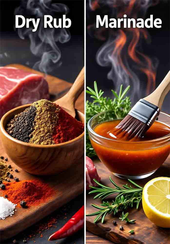 Dry rub vs marinade comparison for BBQ meat preparation: spices and rubs on left, liquid marinade with brush and herbs on right, with smoky effects