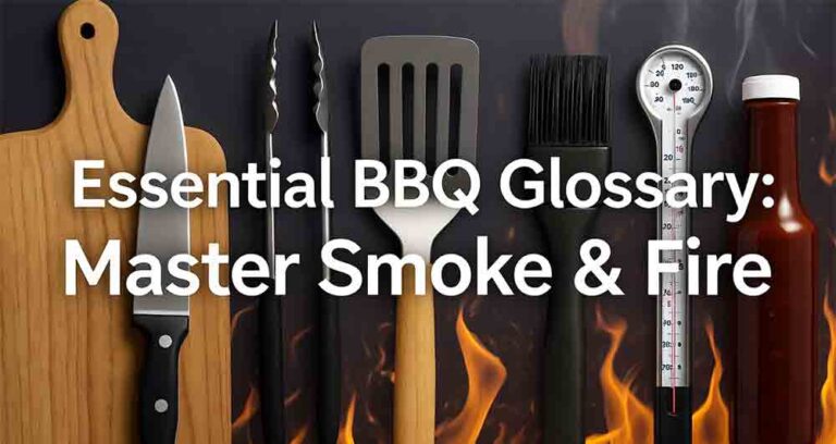 Essential BBQ glossary illustration: Master smoke and fire with key tools including tongs, spatula, knife, basting brush, meat thermometer, and BBQ sauce bottle on a fiery background