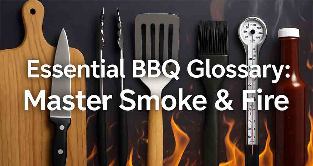 Essential BBQ glossary illustration: Master smoke and fire with key tools including tongs, spatula, knife, basting brush, meat thermometer, and BBQ sauce bottle on a fiery background