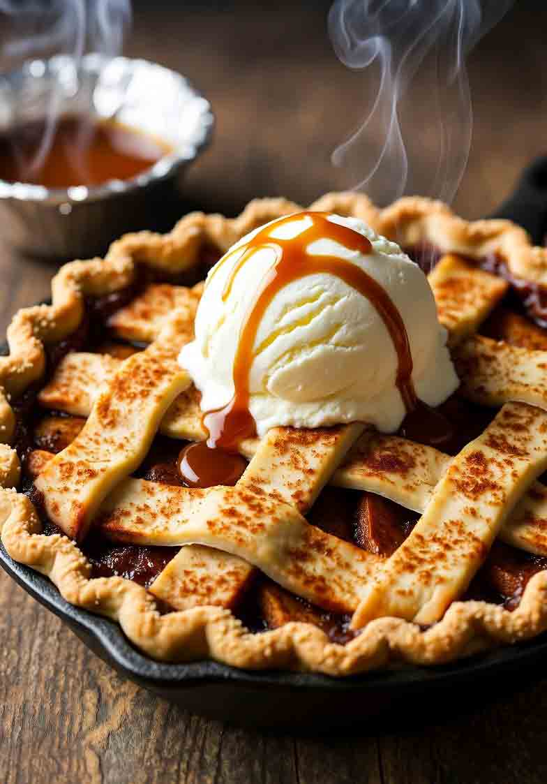 Studio-quality photo of smoked BBQ apple pie with rib rub twist in cast iron skillet, golden lattice crust topped with turbinado sugar, filled with cinnamon-spiced apples, served with melting vanilla ice cream and caramel drizzle, applewood smoke in rustic fall BBQ setting