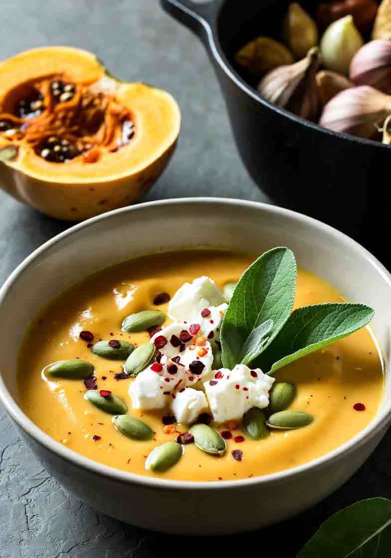 Studio-quality photo of creamy griddle-roasted butternut squash soup in white bowl, topped with feta crumbles, pepitas, chili flakes, and fresh sage leaves, alongside halved roasted squash and cast iron pot, in a smoky fall BBQ kitchen setup for quick recipes