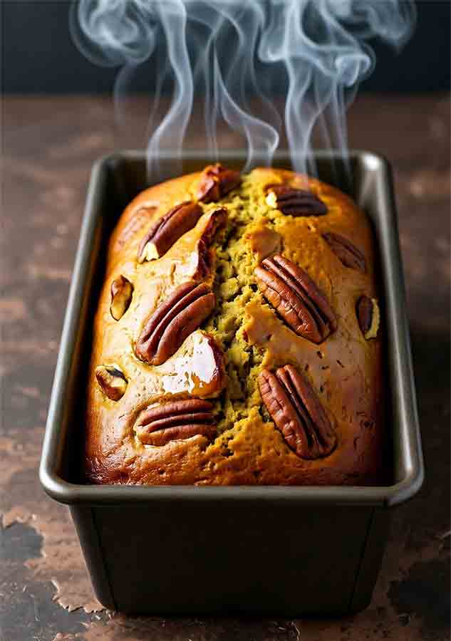 Studio-quality photo of smoked pumpkin bread loaf with golden crust, chopped pecans, and maple cream cheese topping, fresh from the smoker with hickory and cherry wood smoke in a rustic BBQ setup for fall recipes