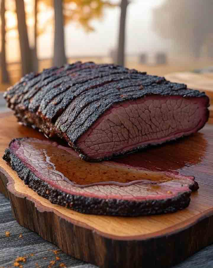 fall-bbq-smoked-maple-bourbon-brisket-platter - Popular BBQ Sliced smoked maple-bourbon brisket platter with deep bark on wooden serving board