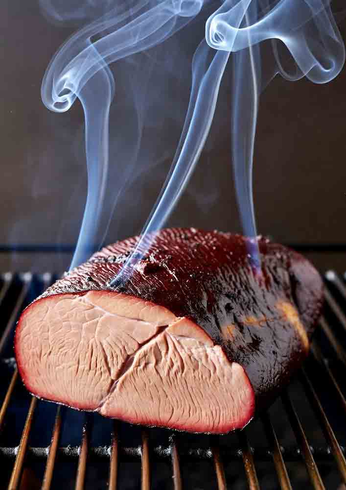 Hero of grill smoked brisket on grate with hickory smoke trails, fat cap up for low-and-slow 275°F mastery in backyard setup