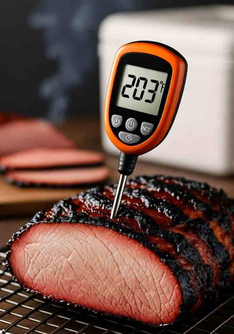 Thermometer probe in grill smoked brisket showing 203°F internal for tender, collagen-gel point after wrap and rest