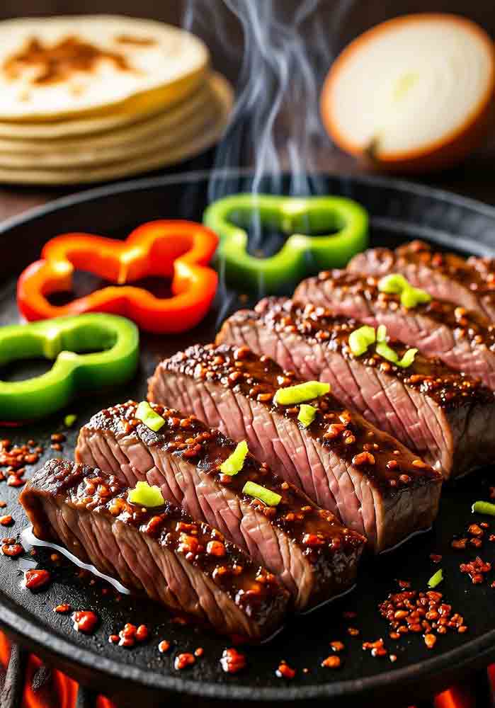 Hero of sizzling skirt steak tossed in grilling rub with bell peppers on hot griddle, lime zest bursts for 15-min weeknight fiesta