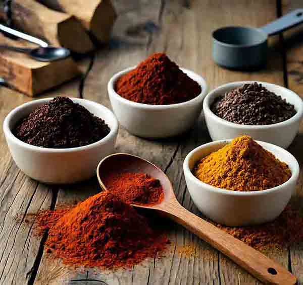 5 rubs for smoked brisket in bowls on wooden surface, showing spice variations for bark and moisture control