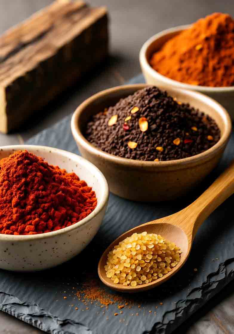 Spices for rubs for smoked brisket variations in bowls, highlighting chili, coffee, and sugar for customized bark and moisture