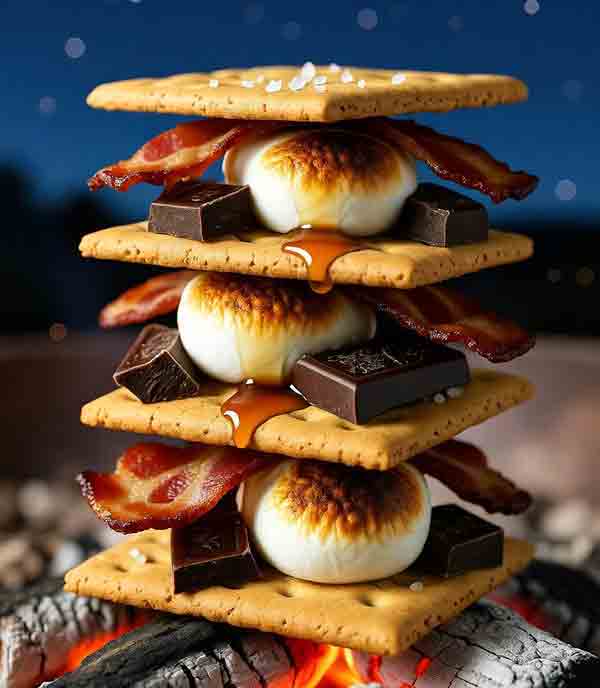 Savory bacon maple campfire s'mores recipes stacked with graham crackers, toasted marshmallows, crispy bacon strips, dark chocolate chunks, maple syrup drizzle, and sea salt, prepared over oak coals under a starry night sky for rugged outdoor breakfast