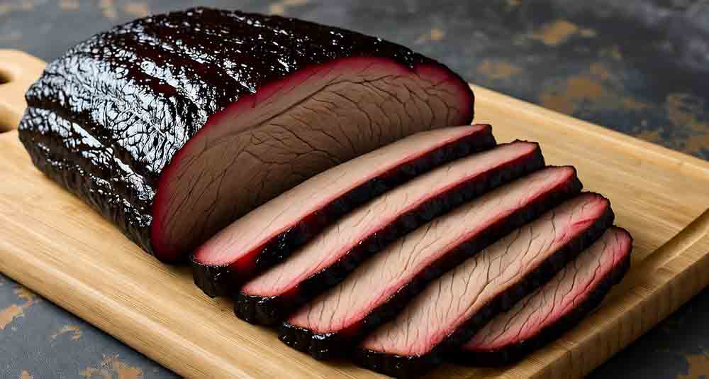 Sliced smoked brisket with perfect pink smoke ring on wooden board