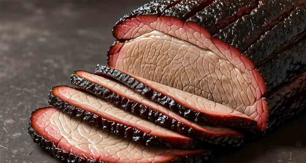 Sliced 14-hour smoked brisket recipe with juicy coffee-chili rub bark and pink smoke ring