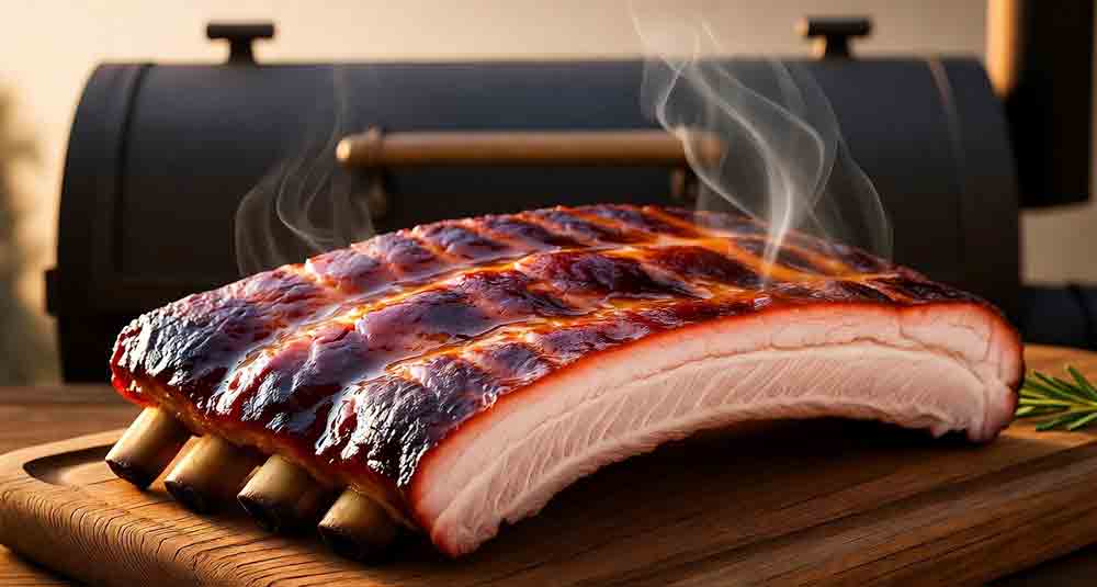 Ultimate best bbq hero: Close-up ribs with crispy bark texture smoking at dusk in backyard setup