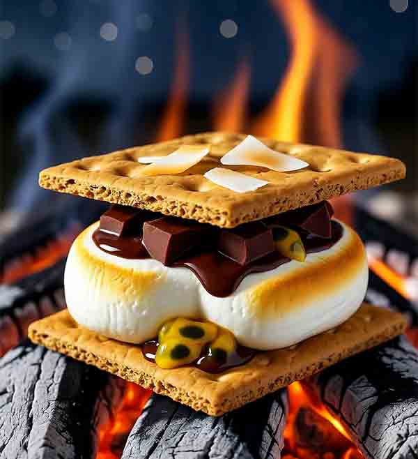 Vegan coconut passionfruit campfire s'mores recipes layered with vegan graham squares, golden toasted vegan marshmallows, coconut milk dark chocolate, passionfruit pulp, and toasted coconut flakes, clamped ready over coals under a starry night sky with tropical trail vibes
