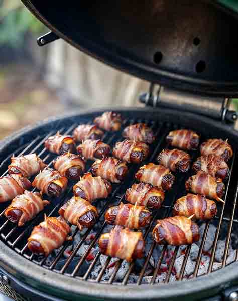 Smoky bacon-wrapped dates grilled on Big Green Egg – easy Thanksgiving appetizers for holiday starters