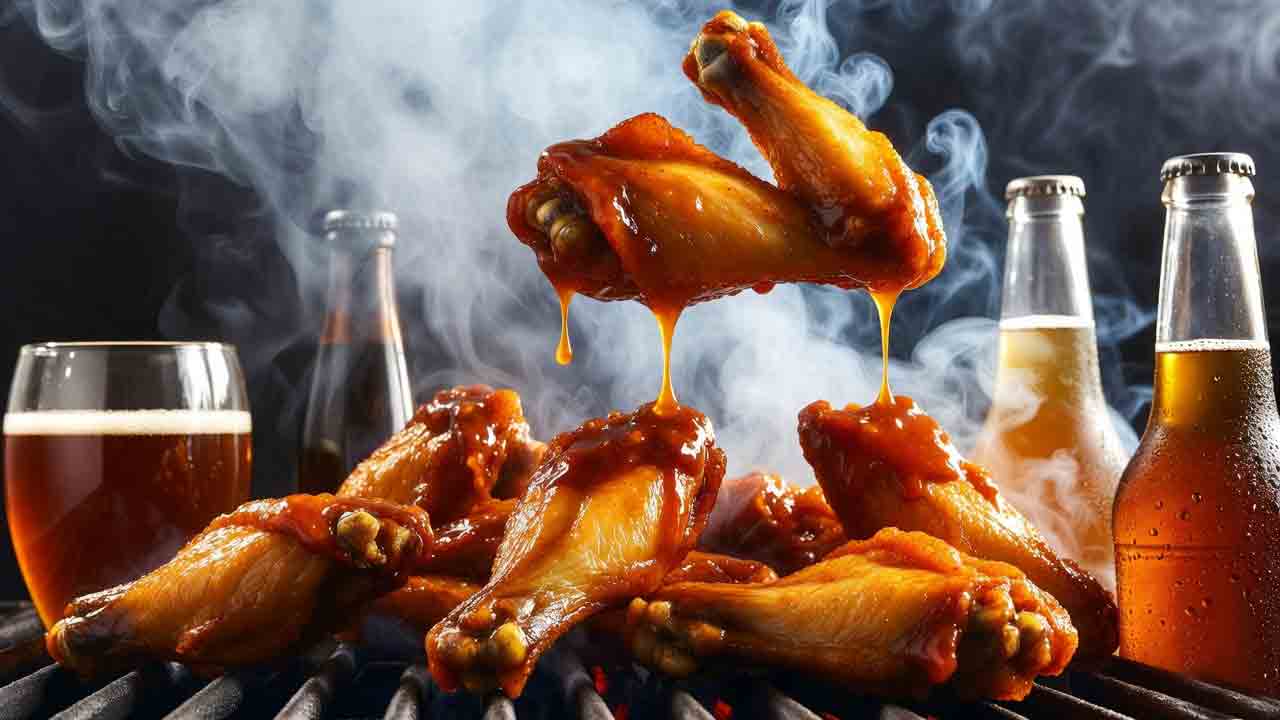 Assortment of saucy BBQ chicken wings paired with chilled beer bottles including amber ale, pilsner, IPA, wheat beer, brown ale, and sour ale on a wooden board over a smoky grill