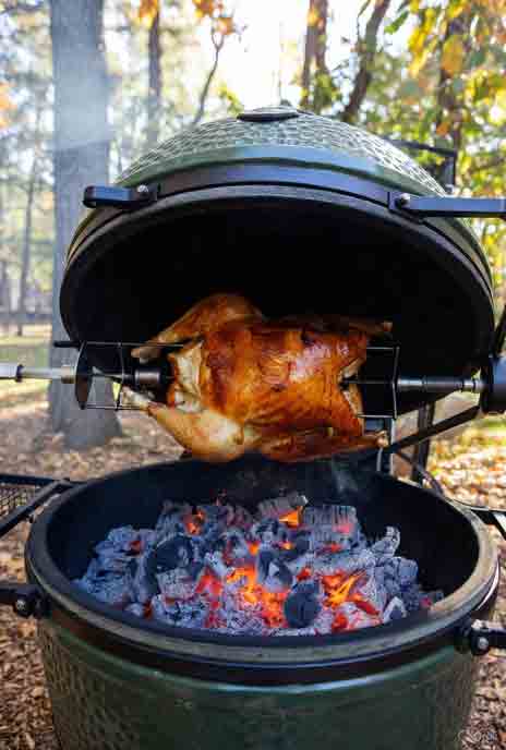 Golden rotisserie turkey smoking on Big Green Egg XL for Thanksgiving recipes – juicy, brined, and perfect for holiday feasts
