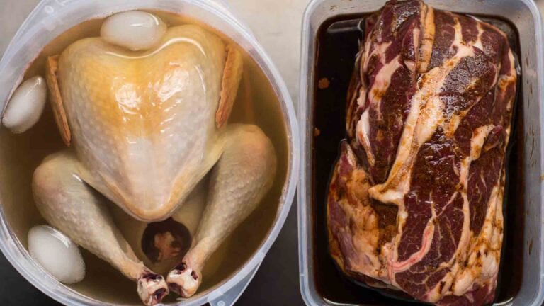 Brine vs marinade comparison: turkey soaking in brine bucket next to beef brisket in dark marinade
